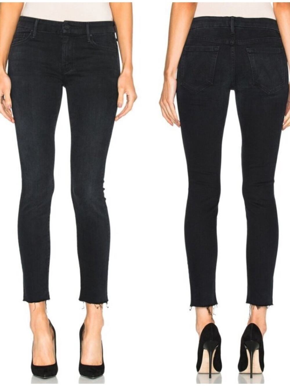MOTHER The Looker Ankle Fray In Blackbird Skinny Jeans Size 26 Denim Black Dark